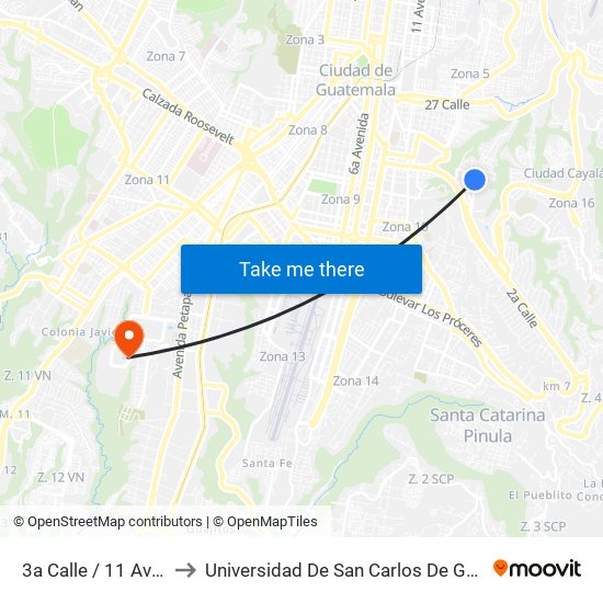 3a Calle / 11 Avenida to Universidad De San Carlos De Guatemala map