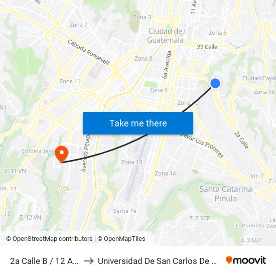 2a Calle B / 12 Avenida to Universidad De San Carlos De Guatemala map