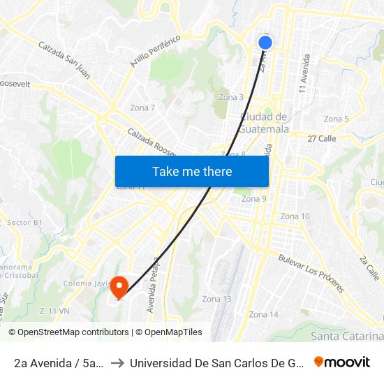 2a Avenida / 5a Calle to Universidad De San Carlos De Guatemala map