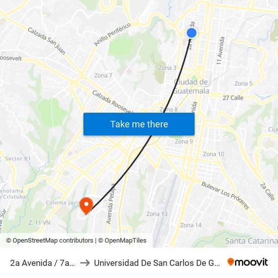 2a Avenida / 7a Calle to Universidad De San Carlos De Guatemala map