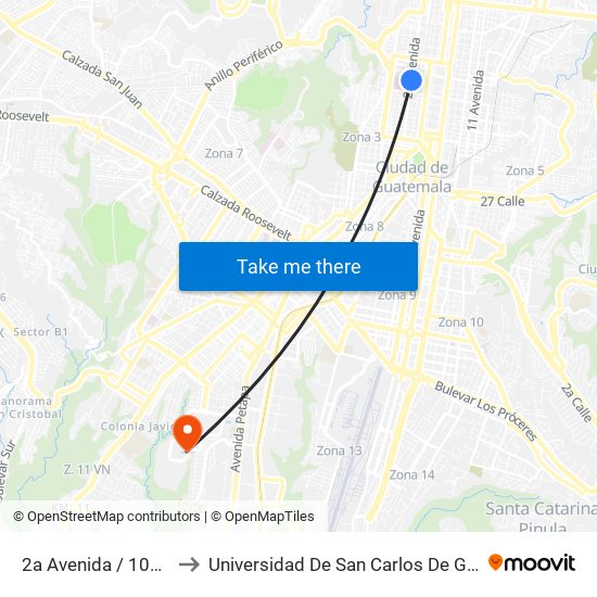2a Avenida / 10a Calle to Universidad De San Carlos De Guatemala map