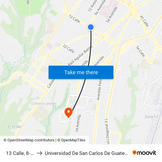 13 Calle, 8-31 to Universidad De San Carlos De Guatemala map