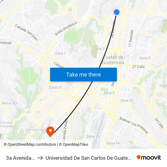 3a Avenida, 2 to Universidad De San Carlos De Guatemala map