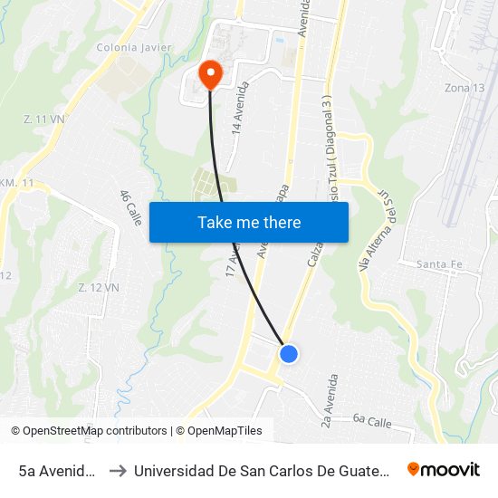 5a Avenida A to Universidad De San Carlos De Guatemala map