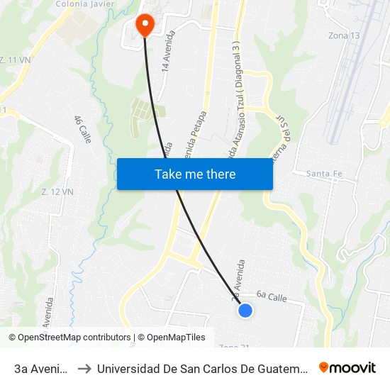 3a Avenida to Universidad De San Carlos De Guatemala map