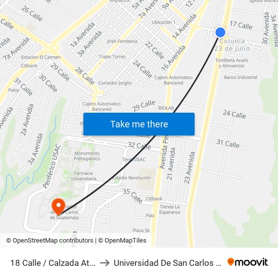 18 Calle / Calzada Atanasio Tzul to Universidad De San Carlos De Guatemala map