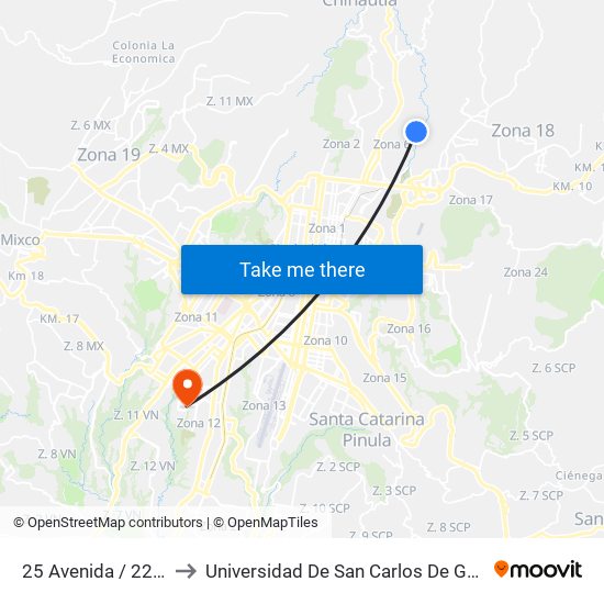 25 Avenida / 22 Calle to Universidad De San Carlos De Guatemala map