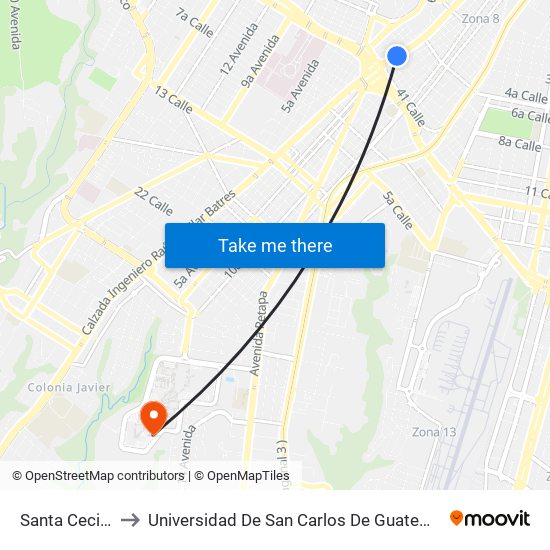 Santa Cecilia to Universidad De San Carlos De Guatemala map