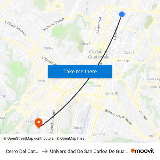 Cerro Del Carmen to Universidad De San Carlos De Guatemala map
