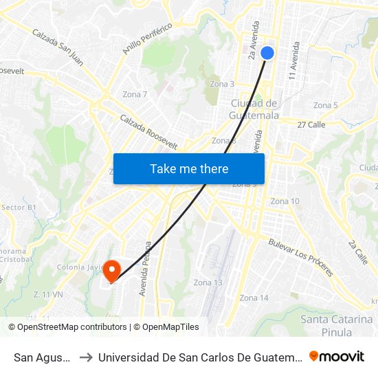 San Agustín to Universidad De San Carlos De Guatemala map