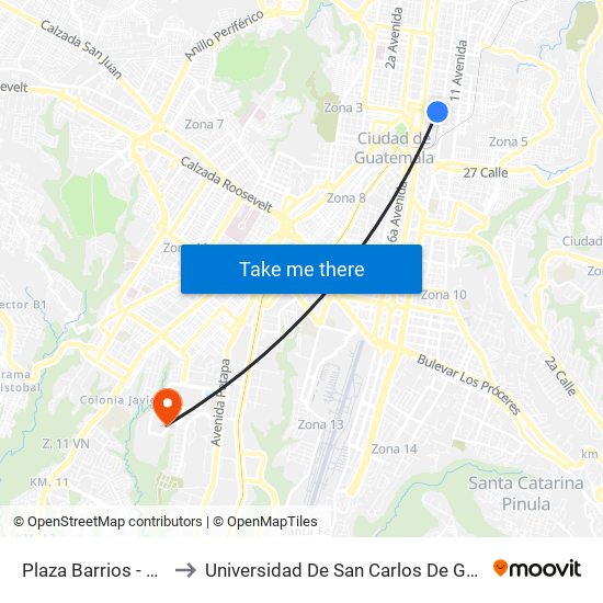 Plaza Barrios - Fegua to Universidad De San Carlos De Guatemala map