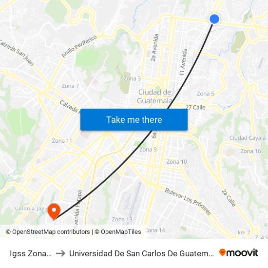 Igss Zona 6 to Universidad De San Carlos De Guatemala map