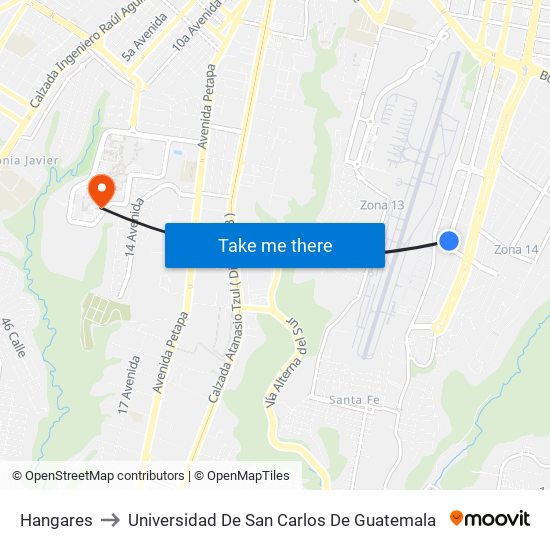 Hangares to Universidad De San Carlos De Guatemala map