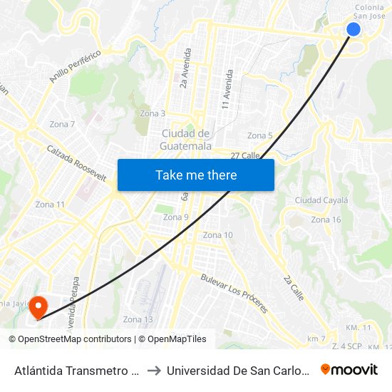 Atlántida Transmetro Línea 18 Y 17 to Universidad De San Carlos De Guatemala map