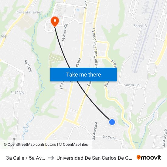 3a Calle / 5a Avenida to Universidad De San Carlos De Guatemala map