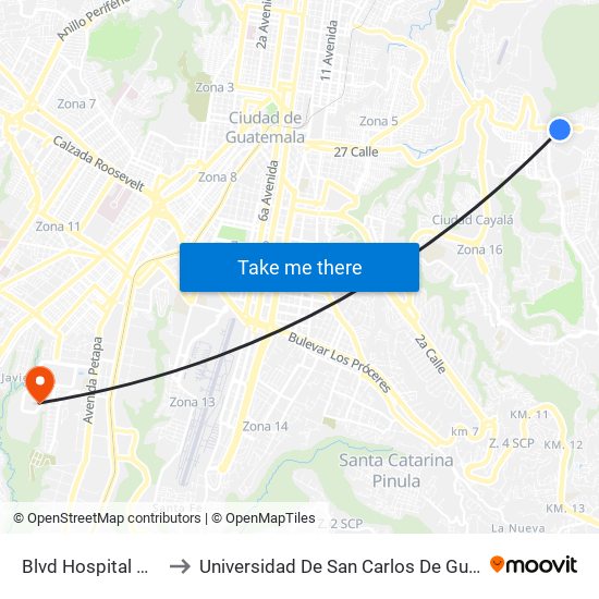 Blvd Hospital Militar to Universidad De San Carlos De Guatemala map