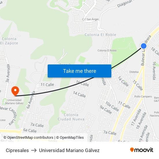 Cipresales to Universidad Mariano Gálvez map