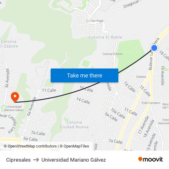 Cipresales to Universidad Mariano Gálvez map