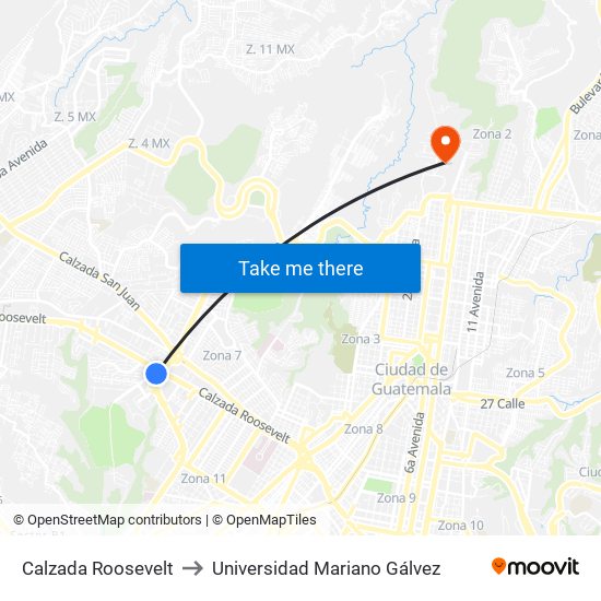 Calzada Roosevelt to Universidad Mariano Gálvez map