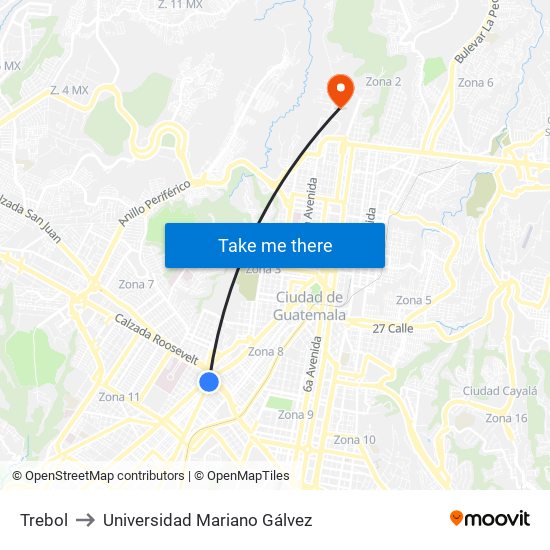 Trebol to Universidad Mariano Gálvez map