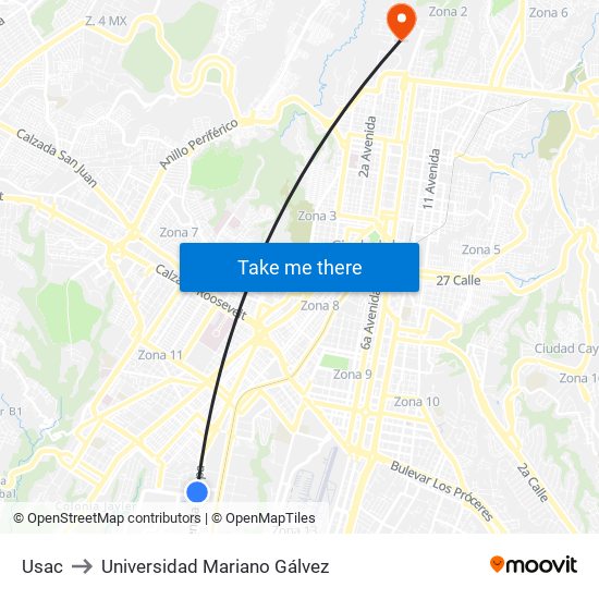 Usac to Universidad Mariano Gálvez map