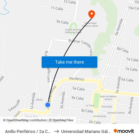 Anillo Periférico / 2a Calle to Universidad Mariano Gálvez map