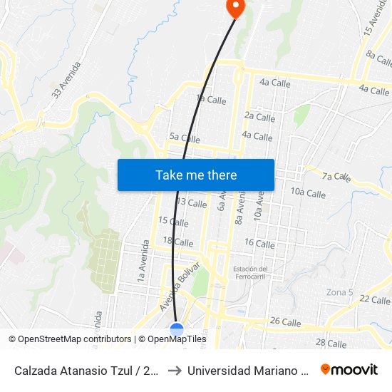 Calzada Atanasio Tzul / 27 Calle to Universidad Mariano Gálvez map