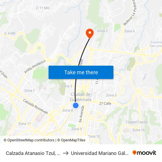 Calzada Atanasio Tzul, 11 to Universidad Mariano Gálvez map