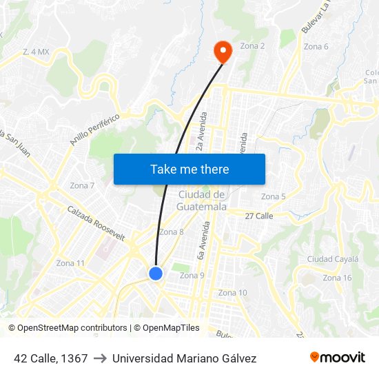 42 Calle, 1367 to Universidad Mariano Gálvez map