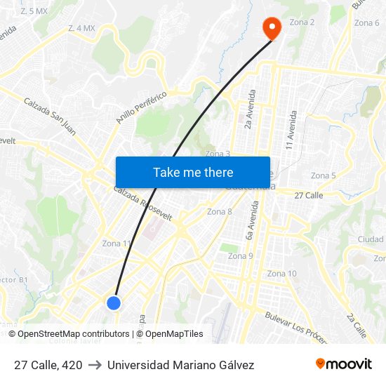 27 Calle, 420 to Universidad Mariano Gálvez map