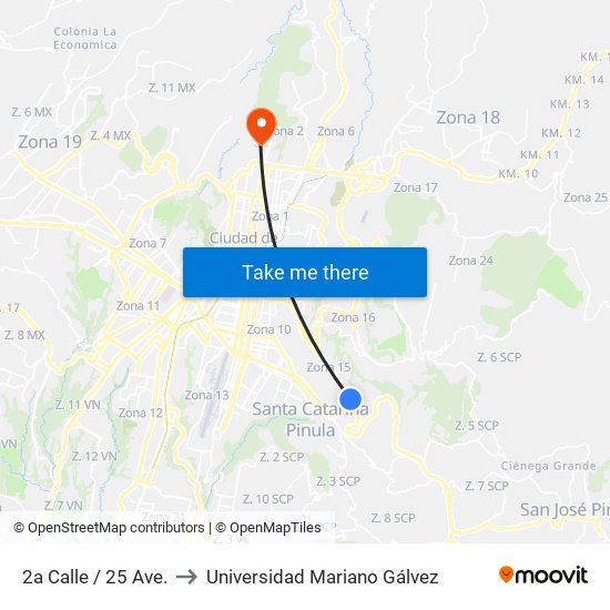 2a Calle / 25 Ave. to Universidad Mariano Gálvez map