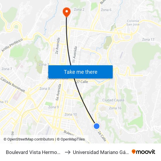 Boulevard Vista Hermosa, 1 to Universidad Mariano Gálvez map