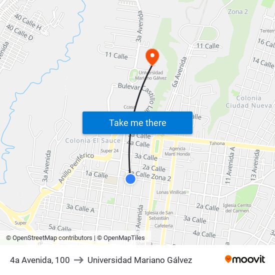 4a Avenida, 100 to Universidad Mariano Gálvez map