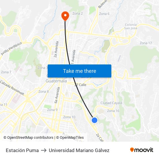 Estación Puma to Universidad Mariano Gálvez map