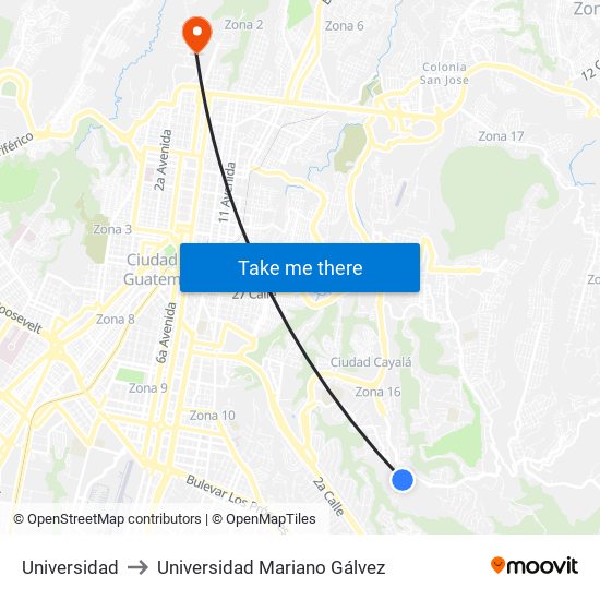 Universidad to Universidad Mariano Gálvez map