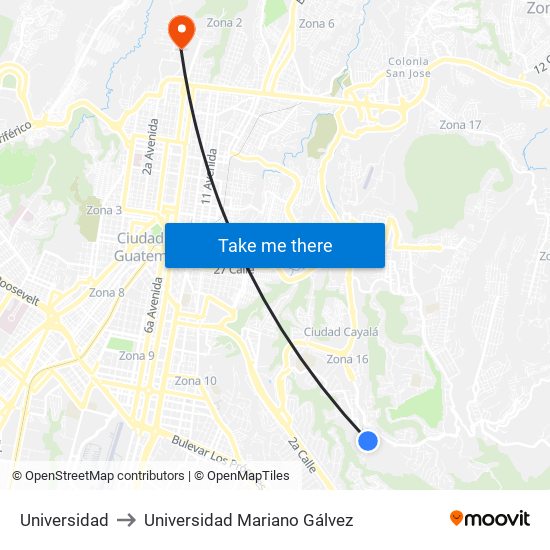 Universidad to Universidad Mariano Gálvez map