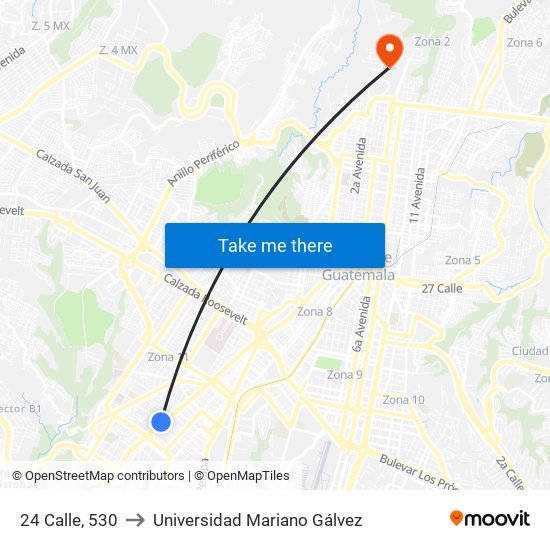 24 Calle, 530 to Universidad Mariano Gálvez map