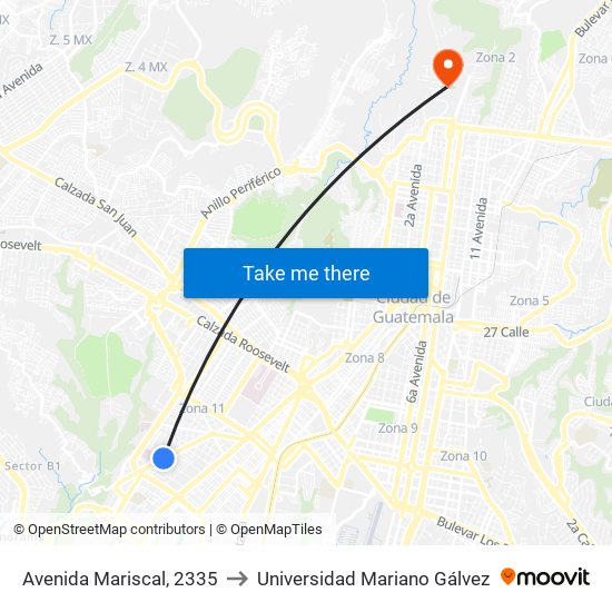 Avenida Mariscal, 2335 to Universidad Mariano Gálvez map
