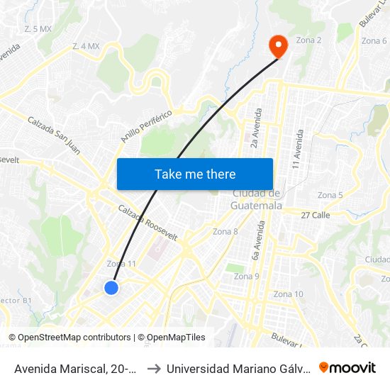 Avenida Mariscal, 20-71 to Universidad Mariano Gálvez map