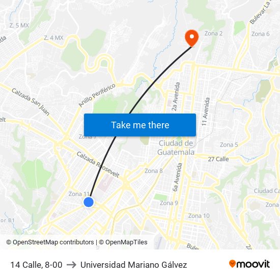 14 Calle, 8-00 to Universidad Mariano Gálvez map