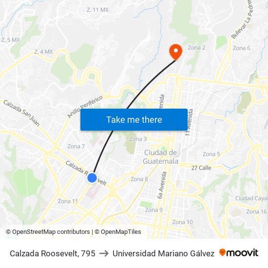 Calzada Roosevelt, 795 to Universidad Mariano Gálvez map