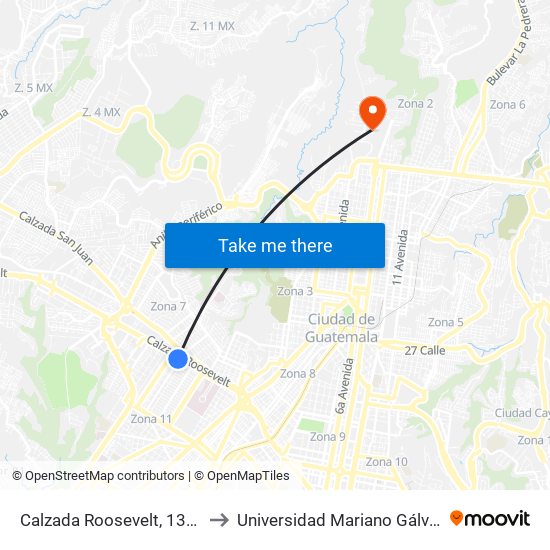 Calzada Roosevelt, 1347 to Universidad Mariano Gálvez map