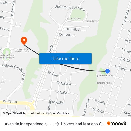 Avenida Independencia, 10-27 to Universidad Mariano Gálvez map
