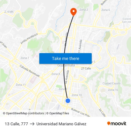 13 Calle, 777 to Universidad Mariano Gálvez map