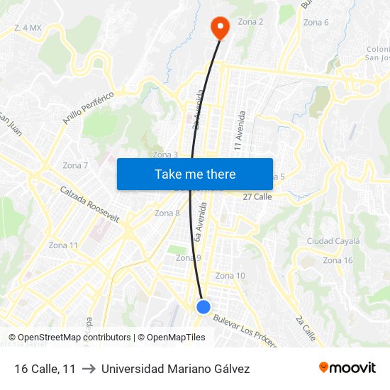 16 Calle, 11 to Universidad Mariano Gálvez map