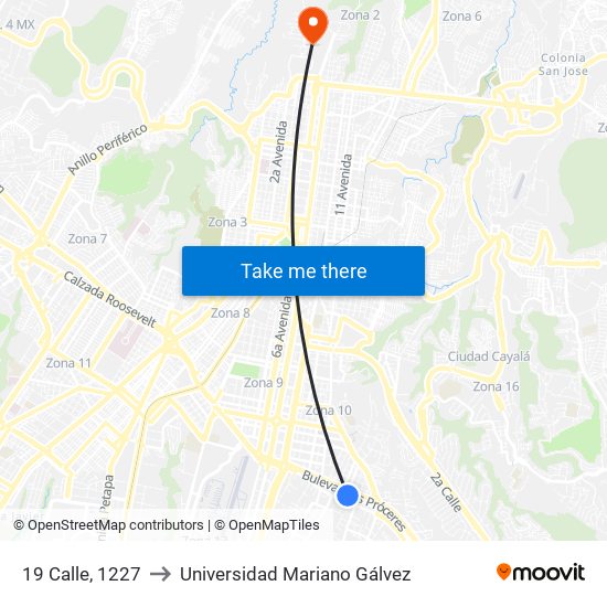 19 Calle, 1227 to Universidad Mariano Gálvez map