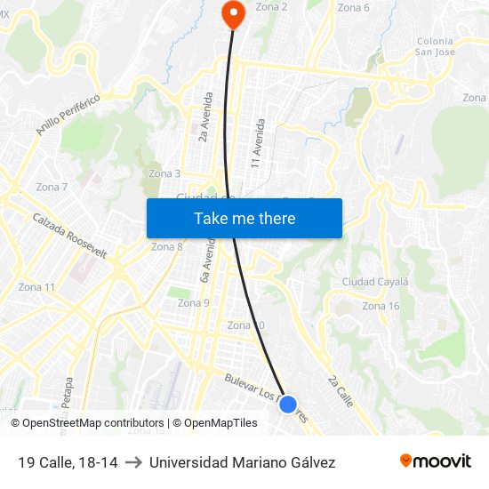 19 Calle, 18-14 to Universidad Mariano Gálvez map