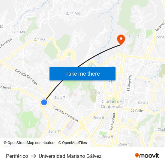 Periférico to Universidad Mariano Gálvez map