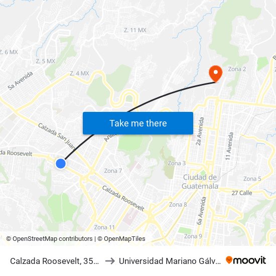 Calzada Roosevelt, 3568 to Universidad Mariano Gálvez map