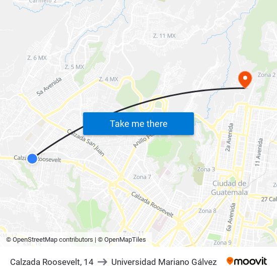 Calzada Roosevelt, 14 to Universidad Mariano Gálvez map